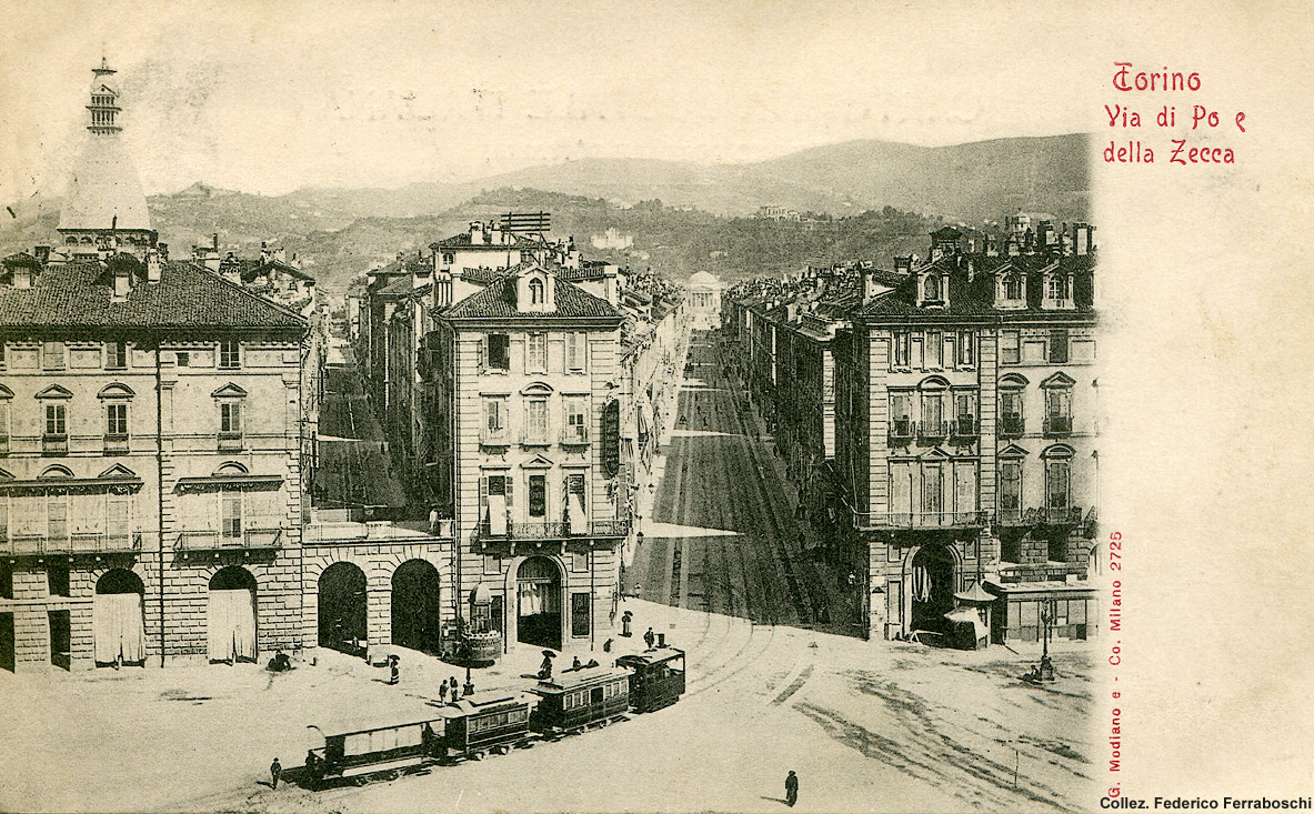 Tram a vapore in cartolina - Torino, via Po.