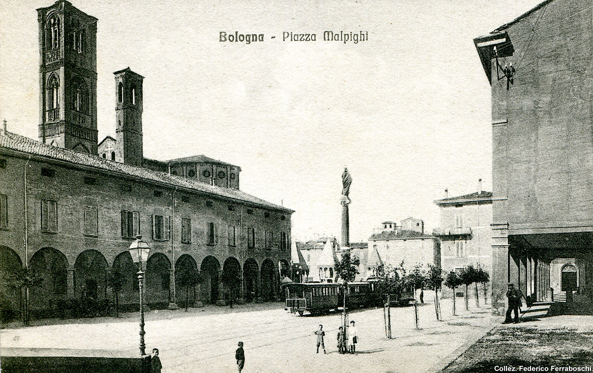 Tram a vapore in cartolina - Bologna, piazza Malpighi.